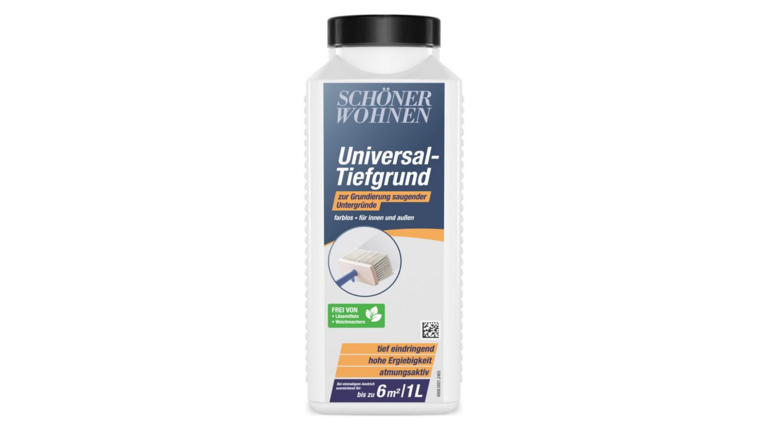 1 Liter-Behälter Schöner Wohnen Universal-Tiefgrund,  farbloses Grundiermittel für saugende Untergründe,  für Innen- und Außenbereich, hohe Ergiebigkeit, atmungsaktiv, tiefes Eindringen.